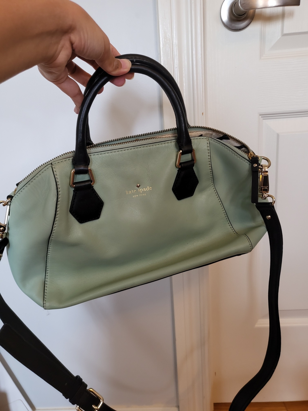 Kate Spade Mint Green Satchel with Black Handles and Strap